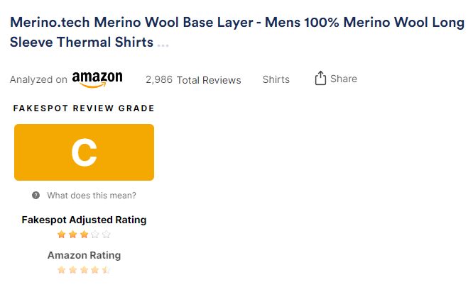 Some Merino.Tech products score a lower Fakespot analysis threshold. 